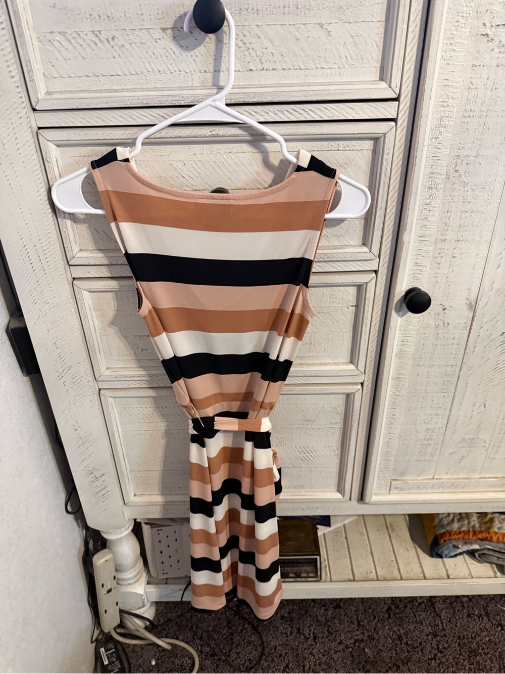 LOFT Striped Sleeveless Belted Midi Dress in Beige, Black & White